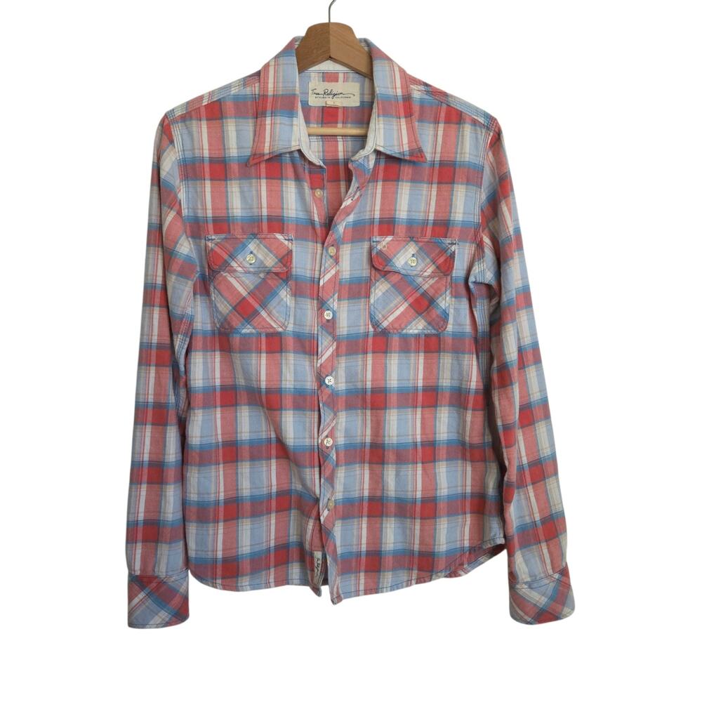 True Religion Soft Plaid Flannel Button Up Shirt Southwestern Cowgirl LARGE